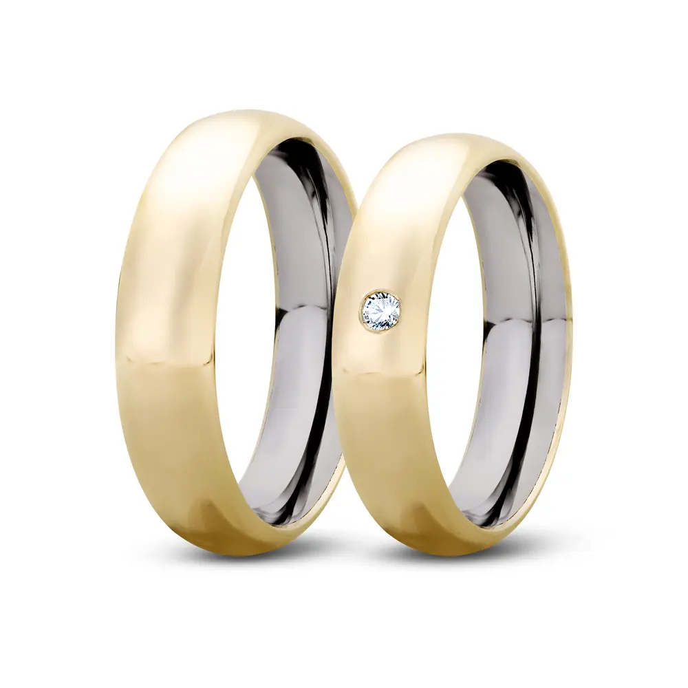 Par de Alianças De Compromisso Edward e Bella com e sem Zircônia - Aço com Ouro 10K