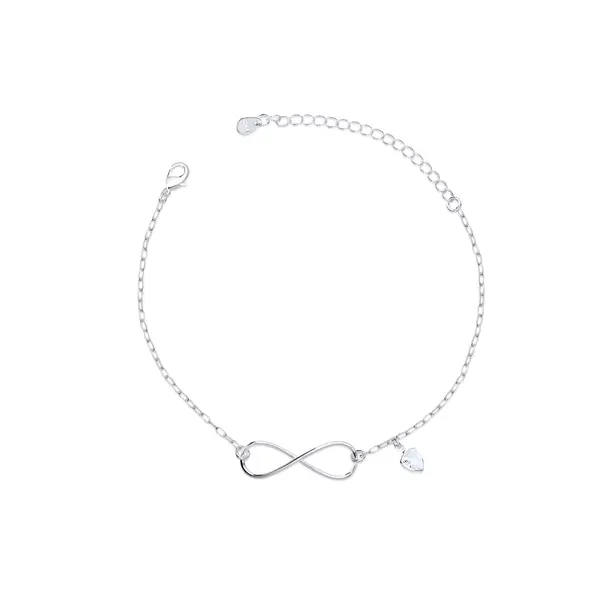 Pulseira Prata  Leve  Infinito Liso  Com Coração De Zircônia