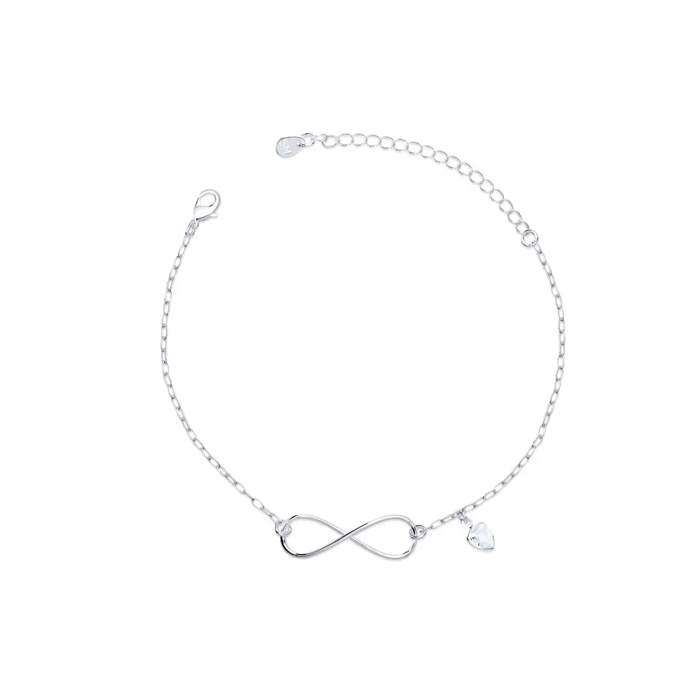 Pulseira Prata  Leve  Infinito Liso  Com Coração De Zircônia
