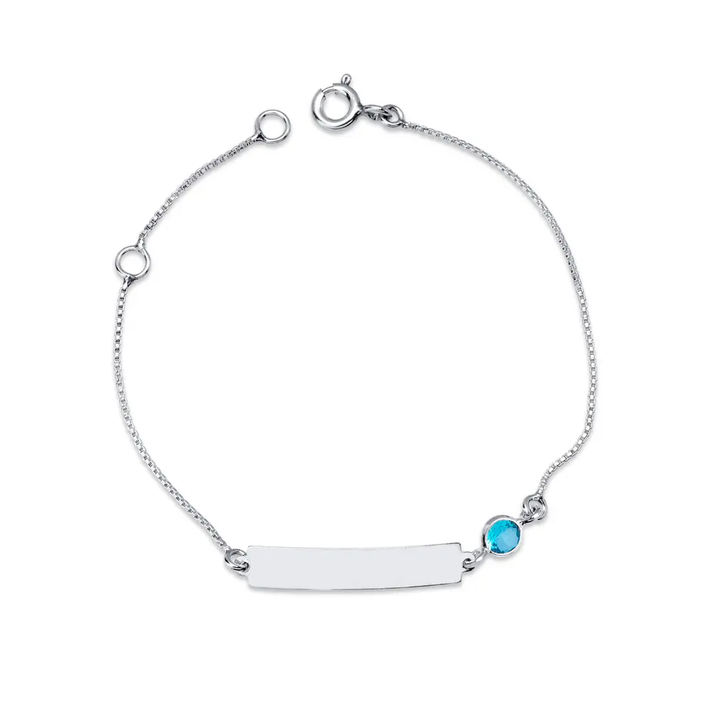 Pulseira Prata Infantil Placa Com 1 Pedra De Zircônia Azul Claro