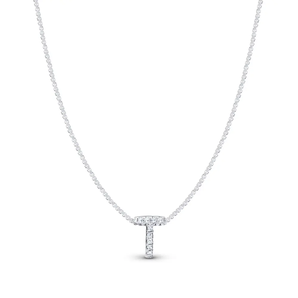 Gargantilha Prata Letra Com Zircônias 40cm Letra T