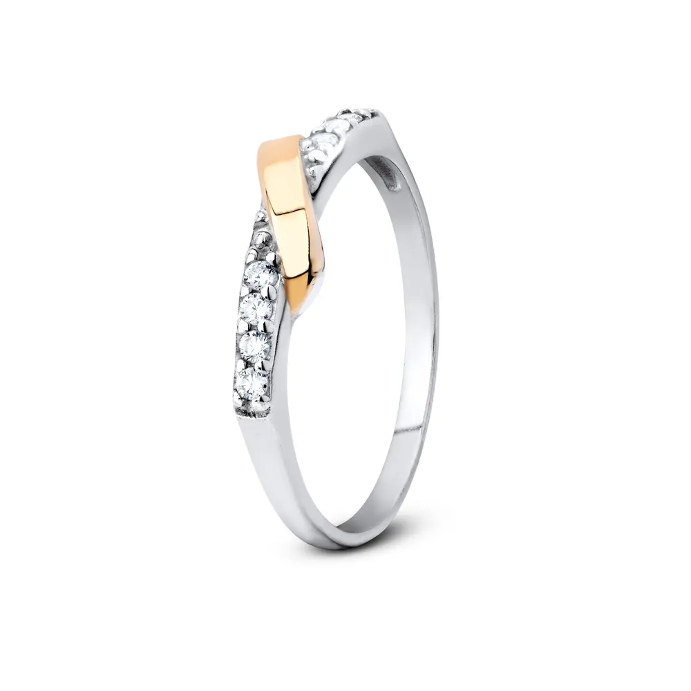 Anel Prata com Filete em Ouro 10K Nó com Zircônias