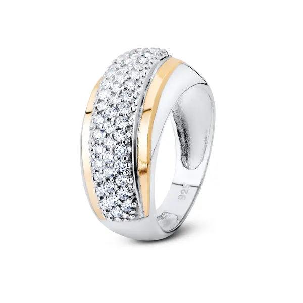 Anel Prata com Filetes em Ouro 10K e Cravejado em Zircônias