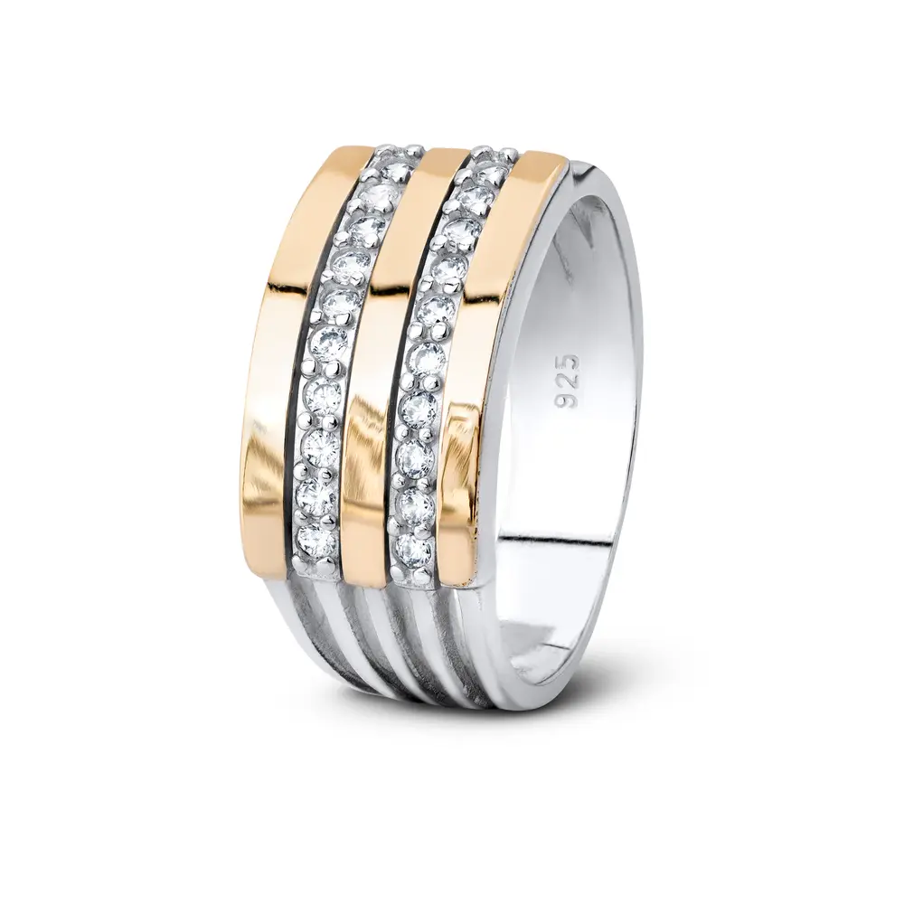 Anel Prata com 3 Filetes em Ouro 10K e Zircônias