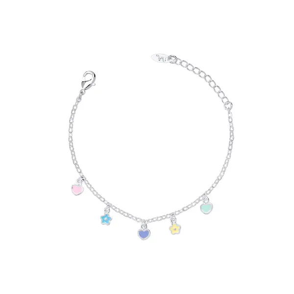Pulseira Prata Leve Infantil Flores e Corações