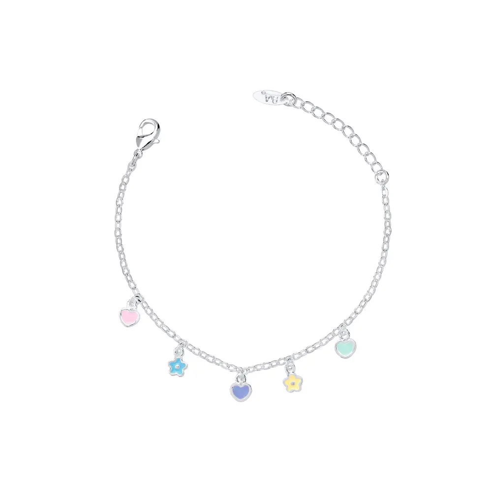 Pulseira Prata Leve Infantil Flores e Corações