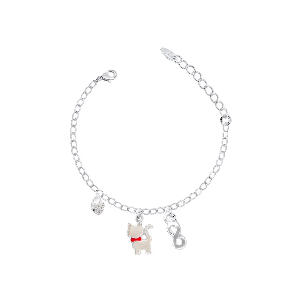 Pulseira Prata Leve Infantil Gatinho Branco