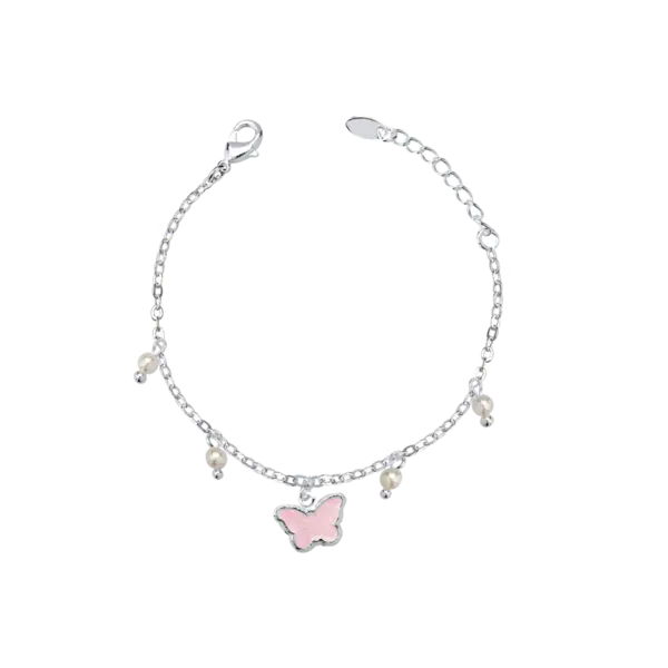 Pulseira Prata Leve Infantil Borboleta Esmaltada Rosa
