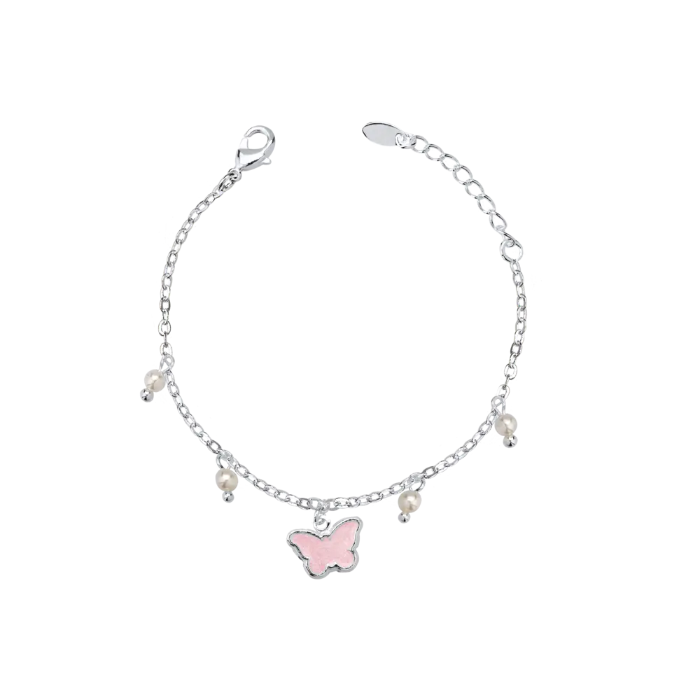 Pulseira Prata Leve Infantil Borboleta Esmaltada Rosa