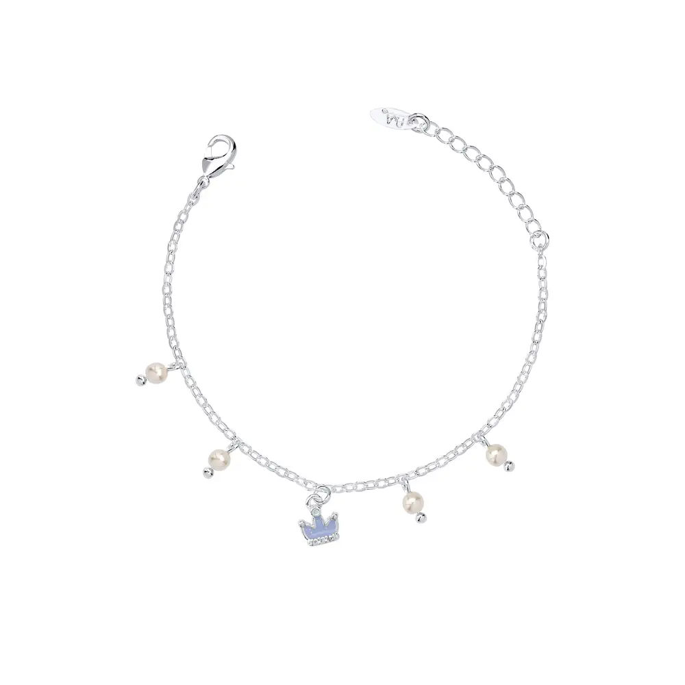 Pulseira Prata Leve Infantil Coroa Esmaltada Lilás