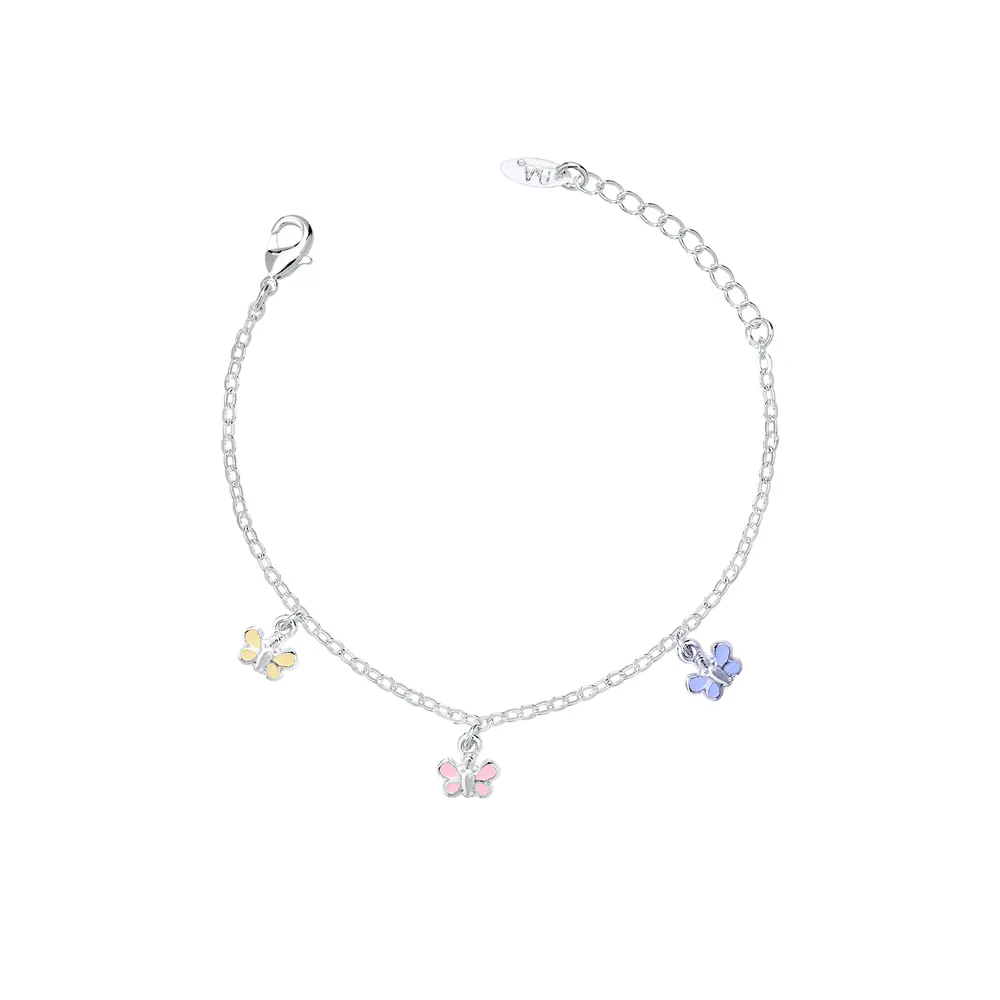 Pulseira Prata Leve Flor Infantil Mini Borboletas