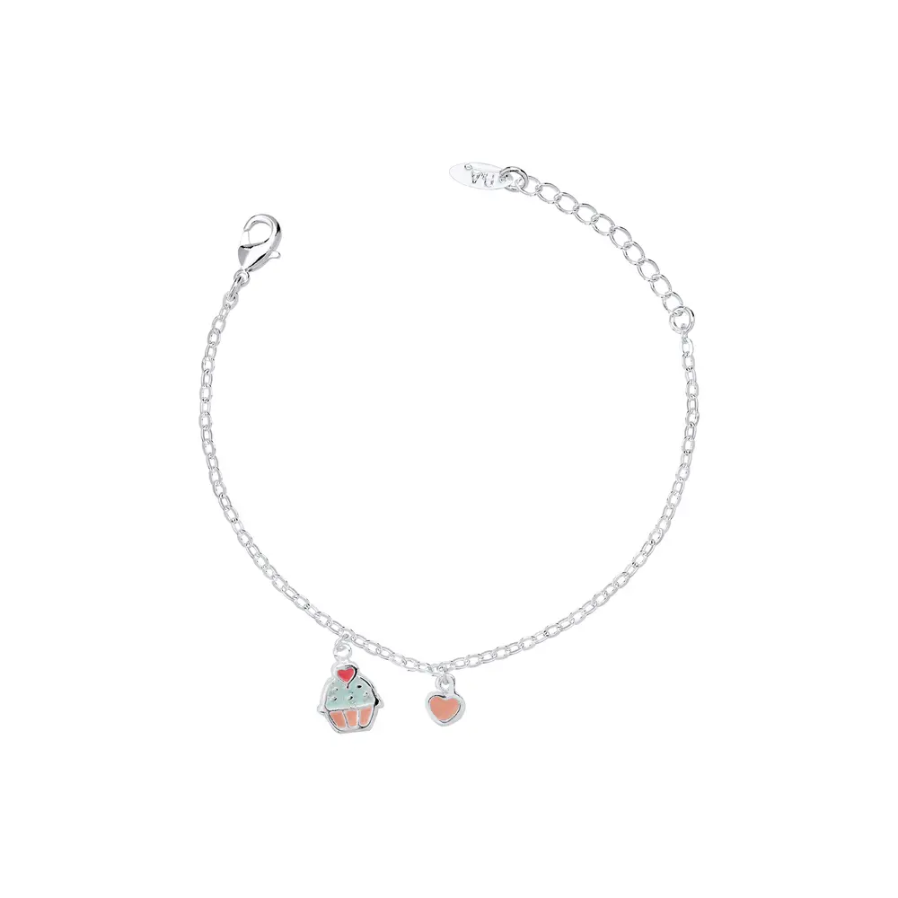 Pulseira Prata Leve Infantil Cupcake Rosa com Verde