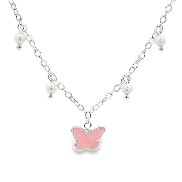 Gargantilha Prata Leve Infantil Borboleta Esmaltada Rosa