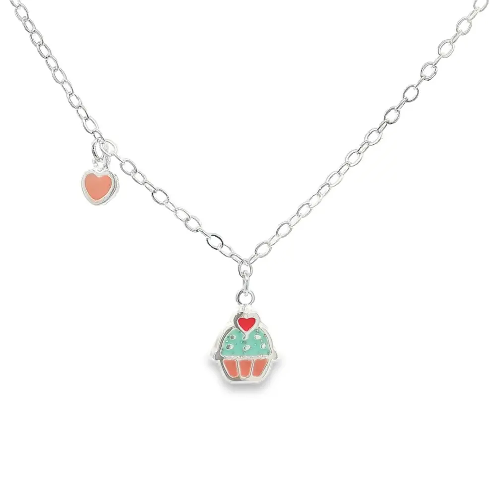 Gargantilha Prata Leve Infantil Cupcake Rosa com Verde