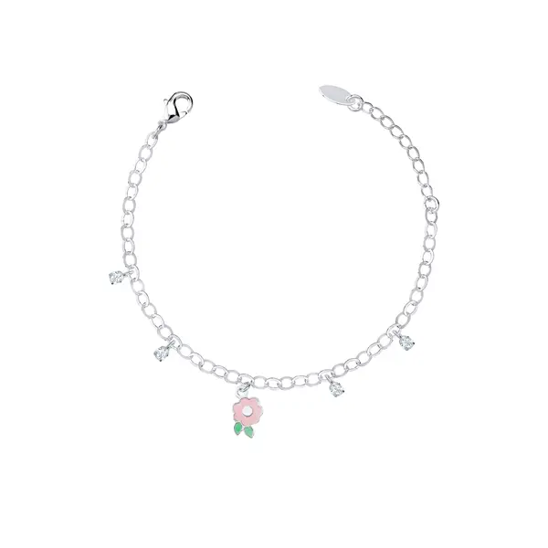 Pulseira Prata Leve Infantil Flor Rosa