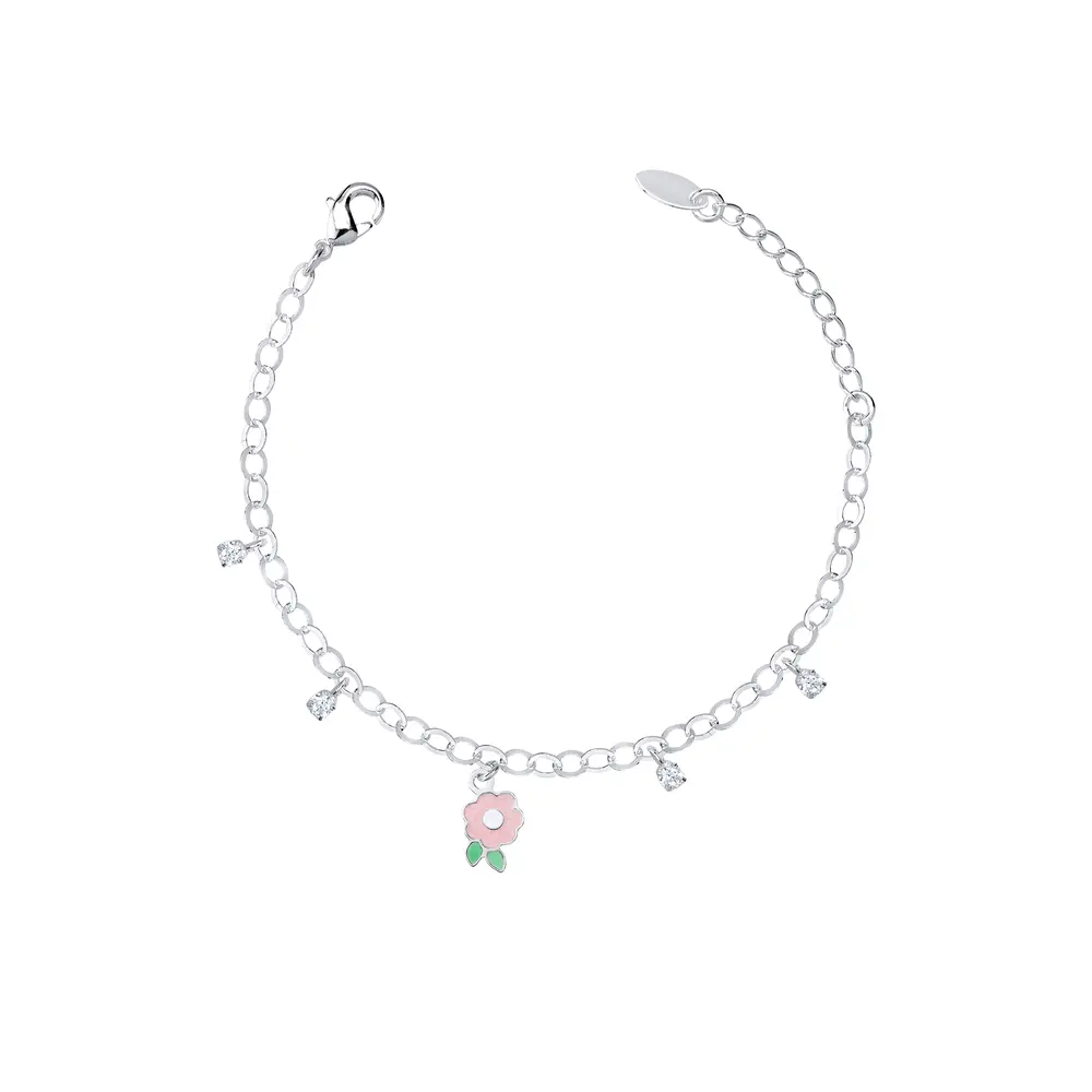 Pulseira Prata Leve Infantil Flor Rosa