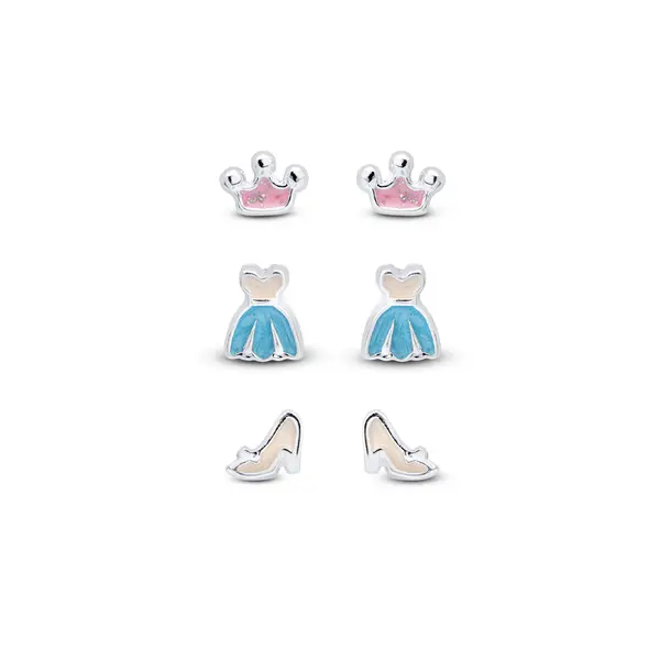 Brinco Prata Leve Infantil Trio Coroa Vestido e Sapato