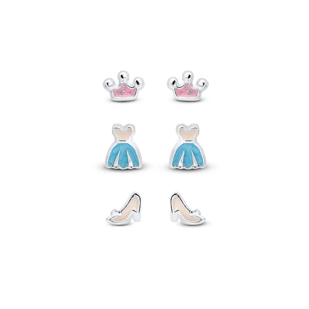 Brinco Prata Leve Infantil Trio Coroa Vestido e Sapato