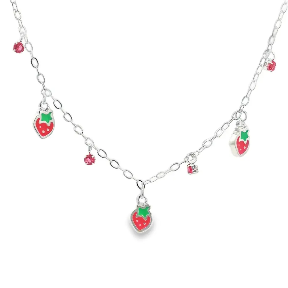 Gargantilha Prata Leve Infantil Moranguinho Rosa