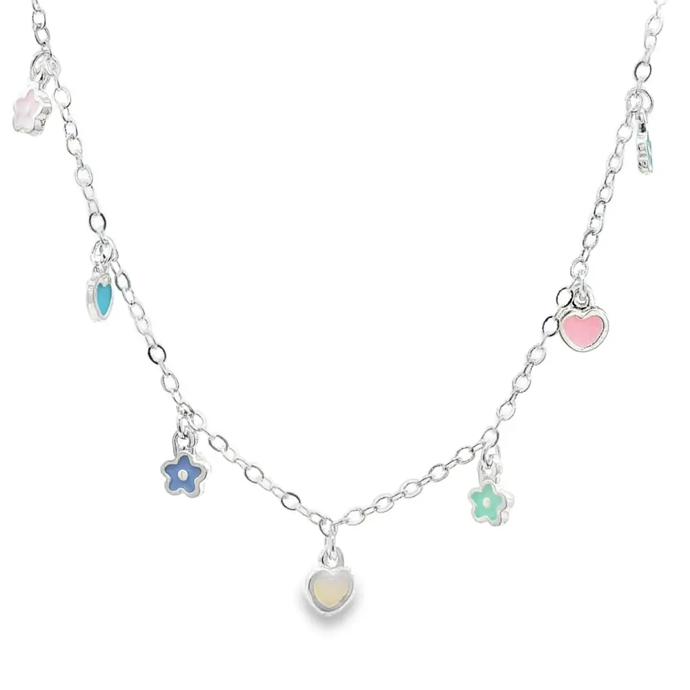 Gargantilha Prata Leve Infantil Flores e Corações