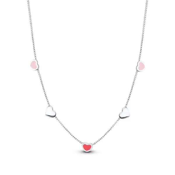 Gargantilha Prata Leve Infantil Corações Rosa