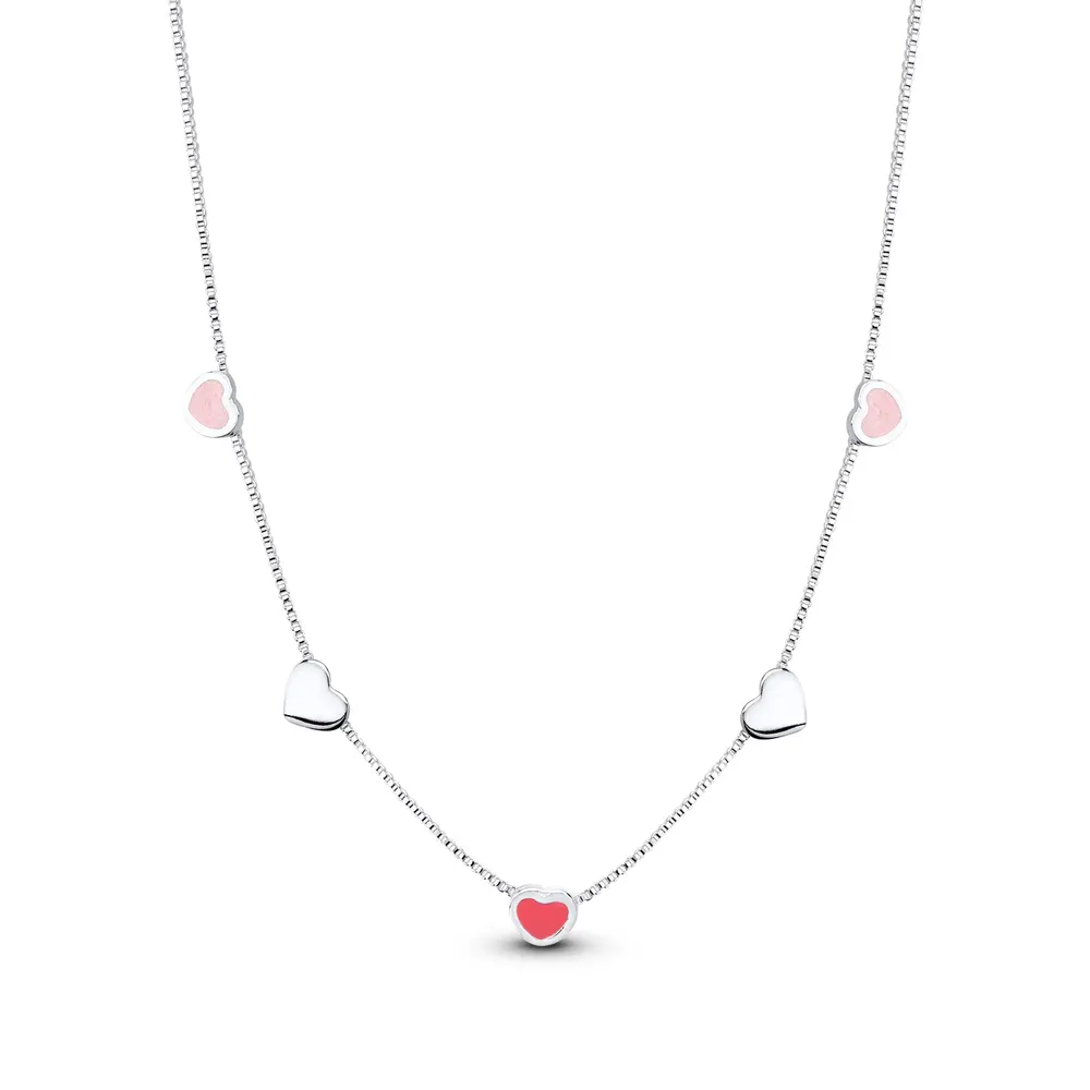 Gargantilha Prata Leve Infantil Corações Rosa