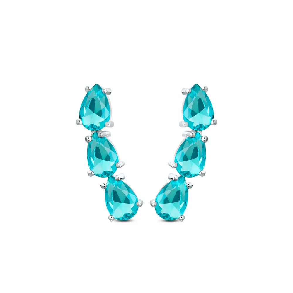 Brinco Prata Três Gotas De Zircônias Azul