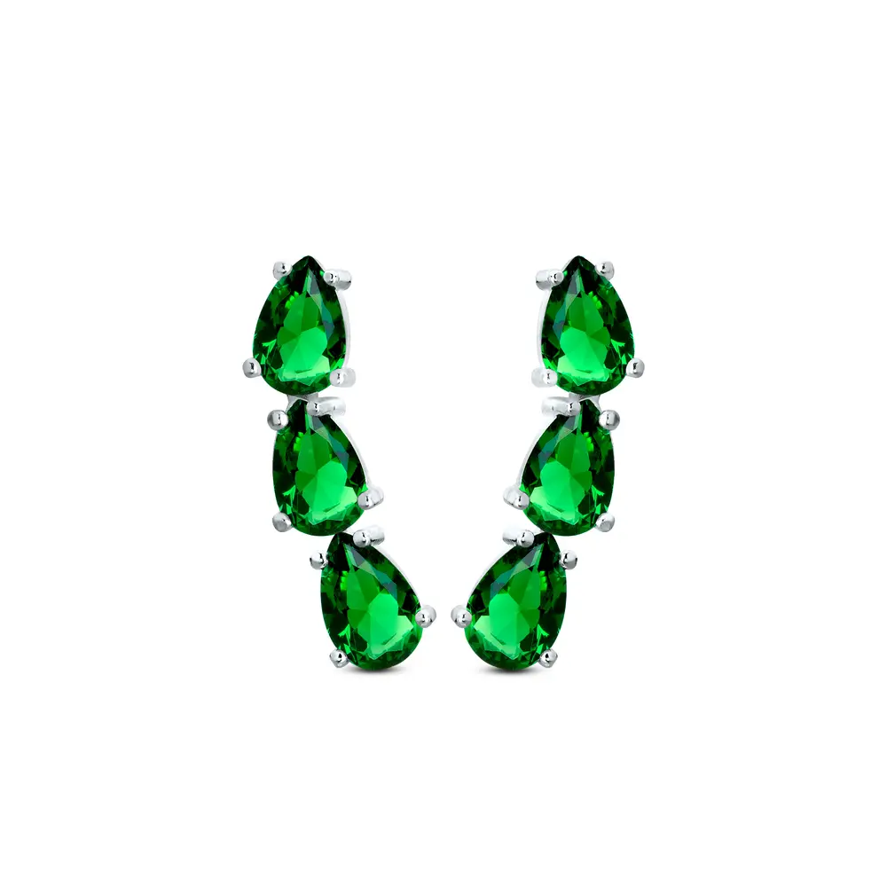 Brinco Prata Três Gotas De Zircônias Verde