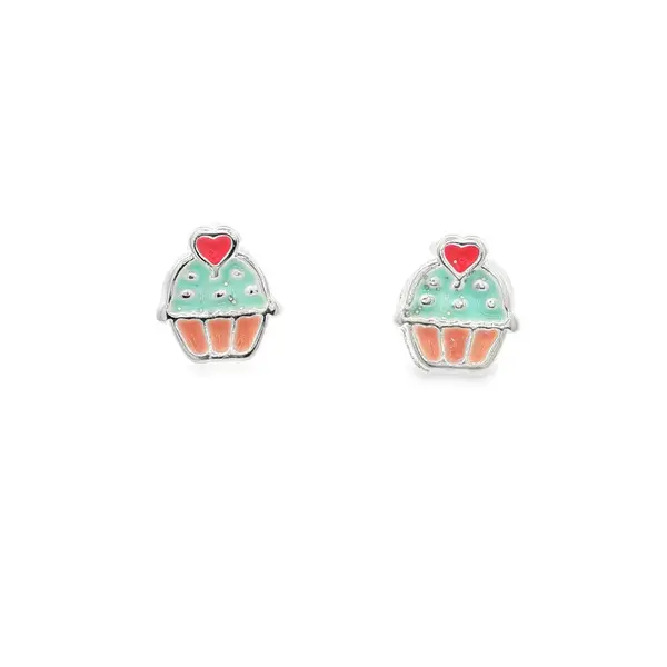 Brinco Prata Leve Cupcake Rosa com Verde