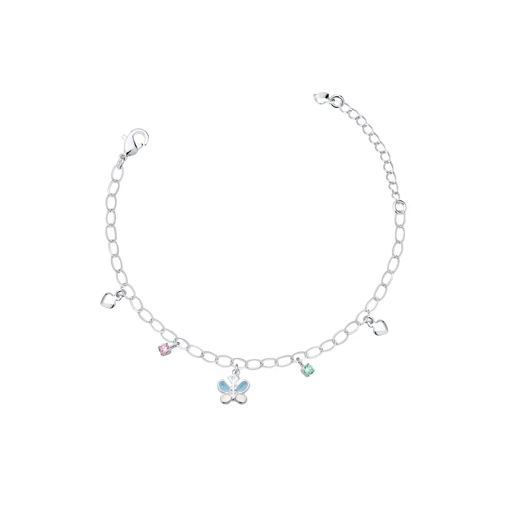 Pulseira Prata Leve Infantil Borboleta Azul