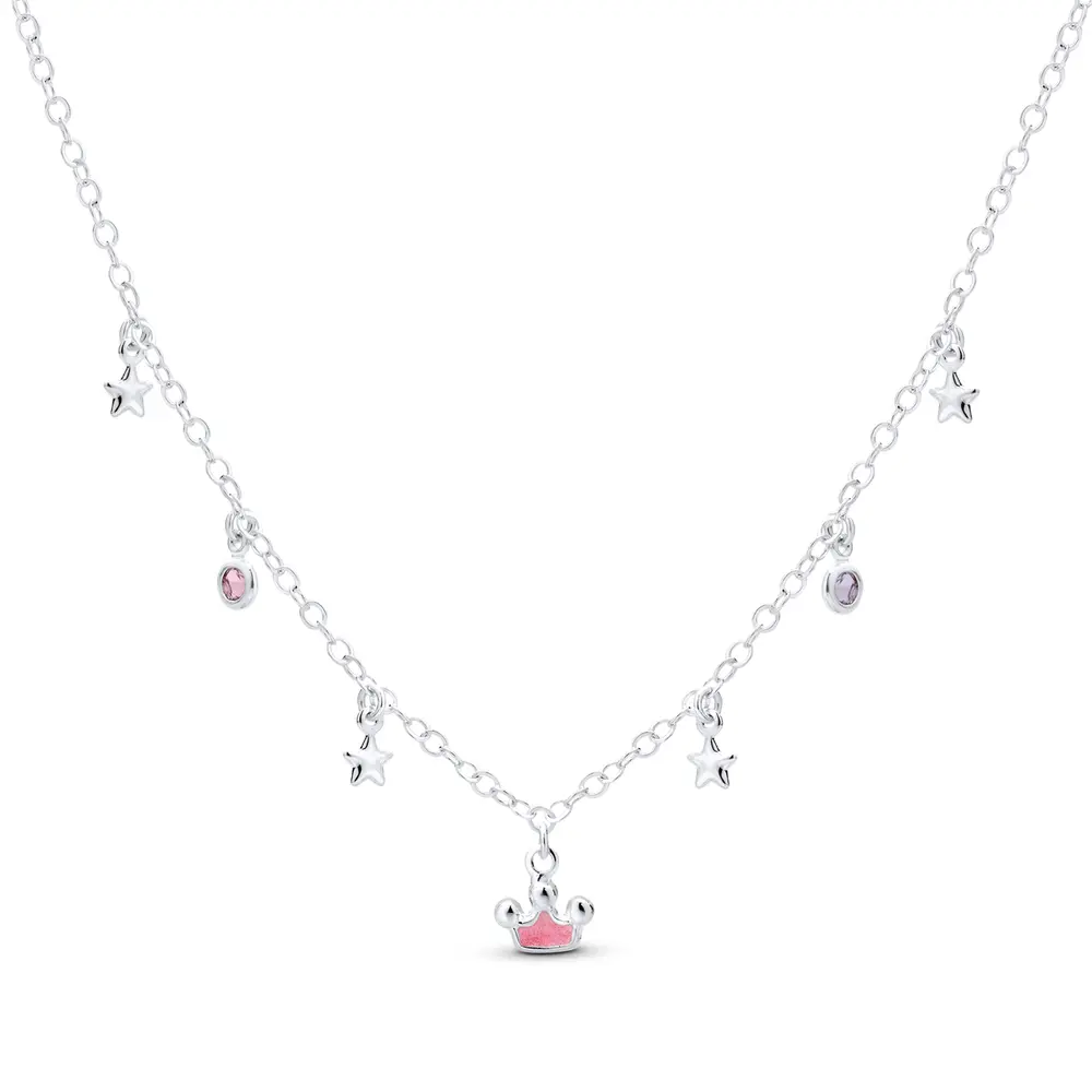 Gargantilha Prata Leve Infantil Coroa Rosa