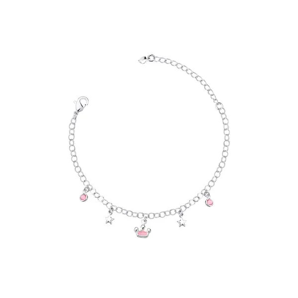 Pulseira Prata Leve Infantil Coroa Rosa