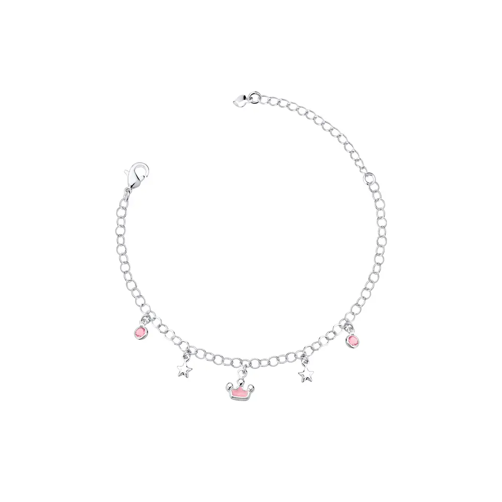 Pulseira Prata Leve Infantil Coroa Rosa