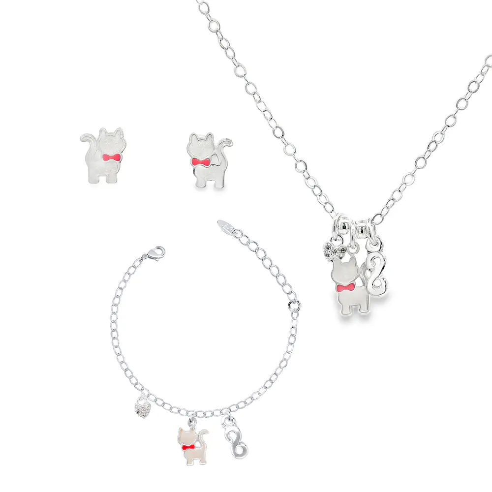 Conjunto Prata Leve Infantil Gatinho Branco