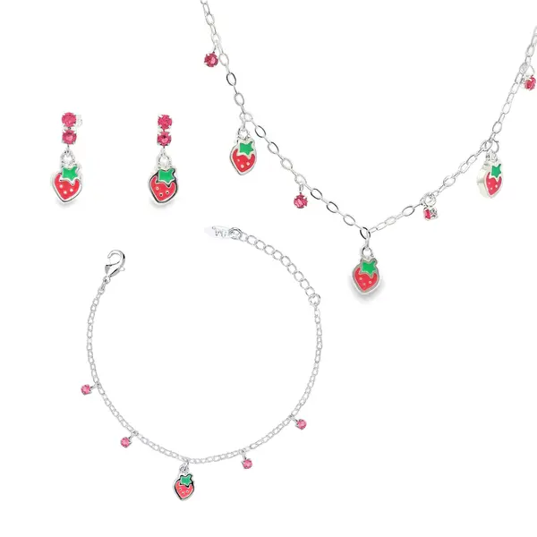 Conjunto Prata Leve Infantil Moranguinho Zircônias