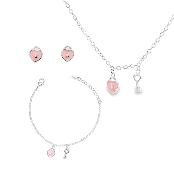 Conjunto Prata Leve Infantil Cadeado Coração