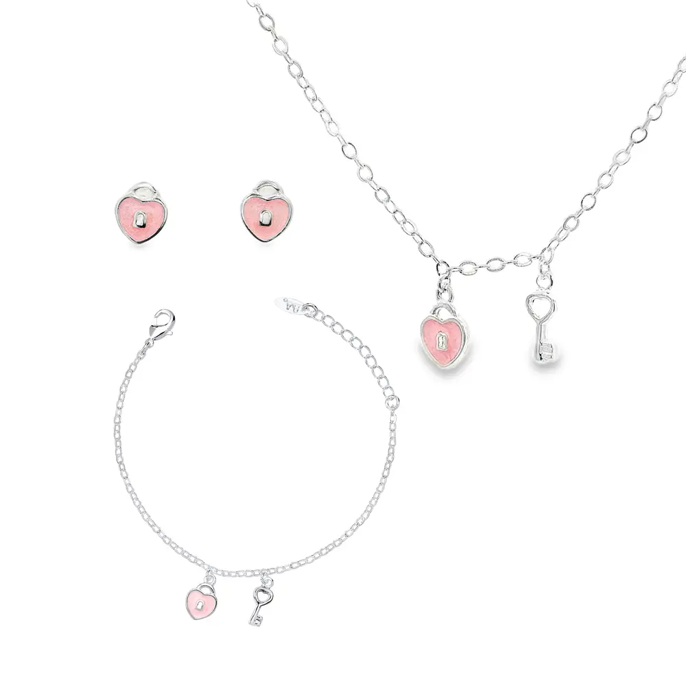 Conjunto Prata Leve Infantil Cadeado Coração