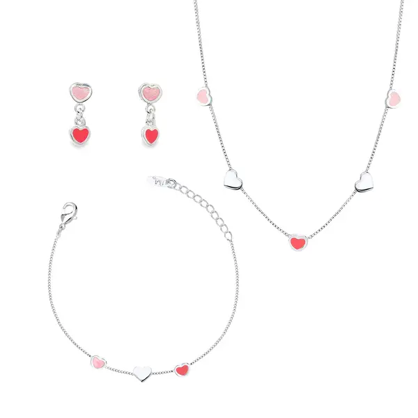 Conjunto Prata Leve Infantil Corações Rosa