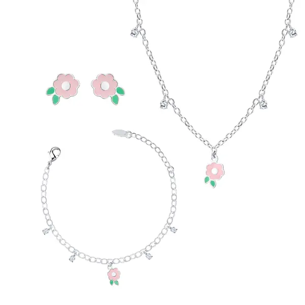 Conjunto Prata Leve Infantil Flor Rosa