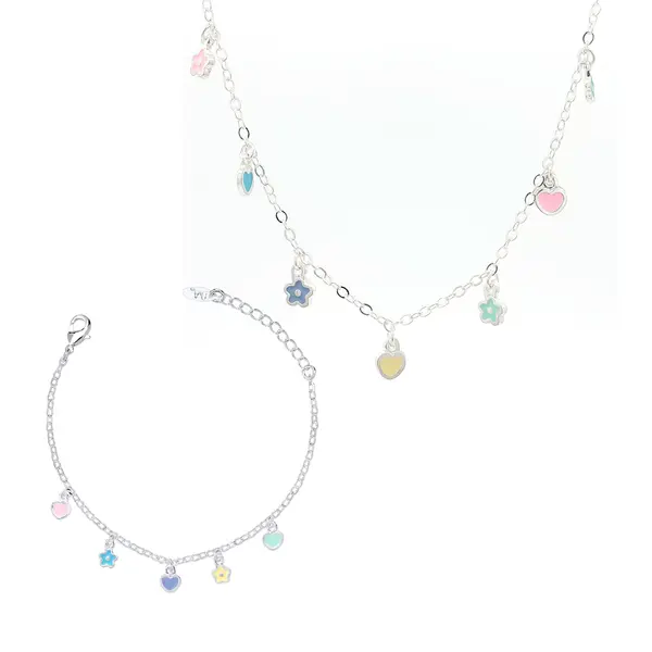 Conjunto Prata Leve Infantil Flores e Corações