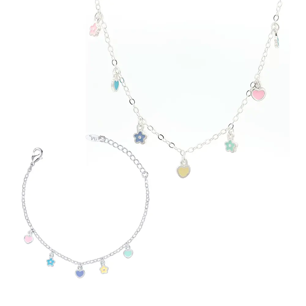 Conjunto Prata Leve Infantil Flores e Corações