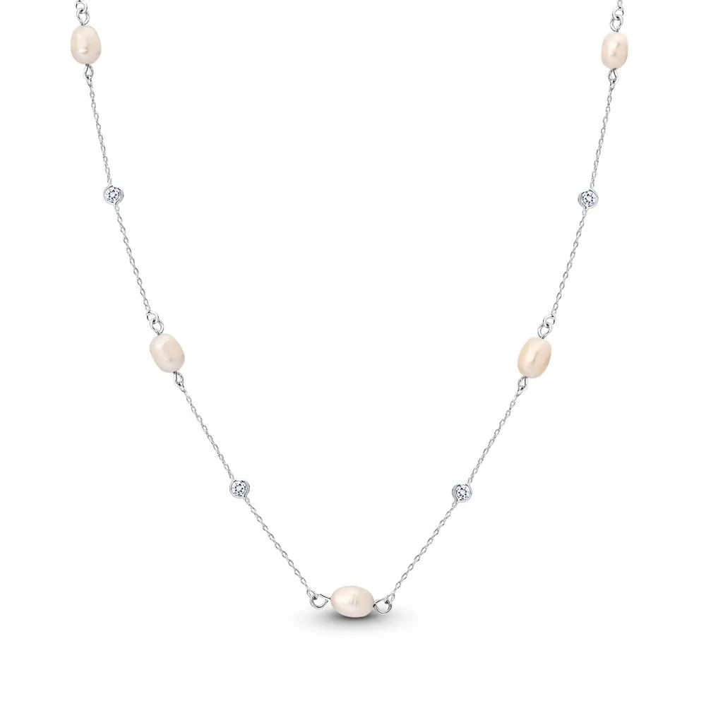Colar Prata Leve Pérola Biwa Com Zircônias