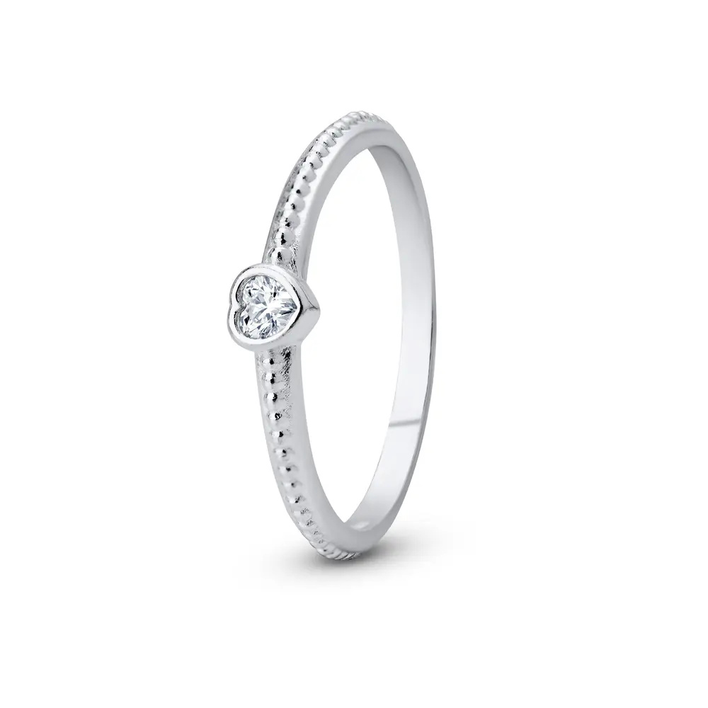 Anel Prata Solitário Coração Central