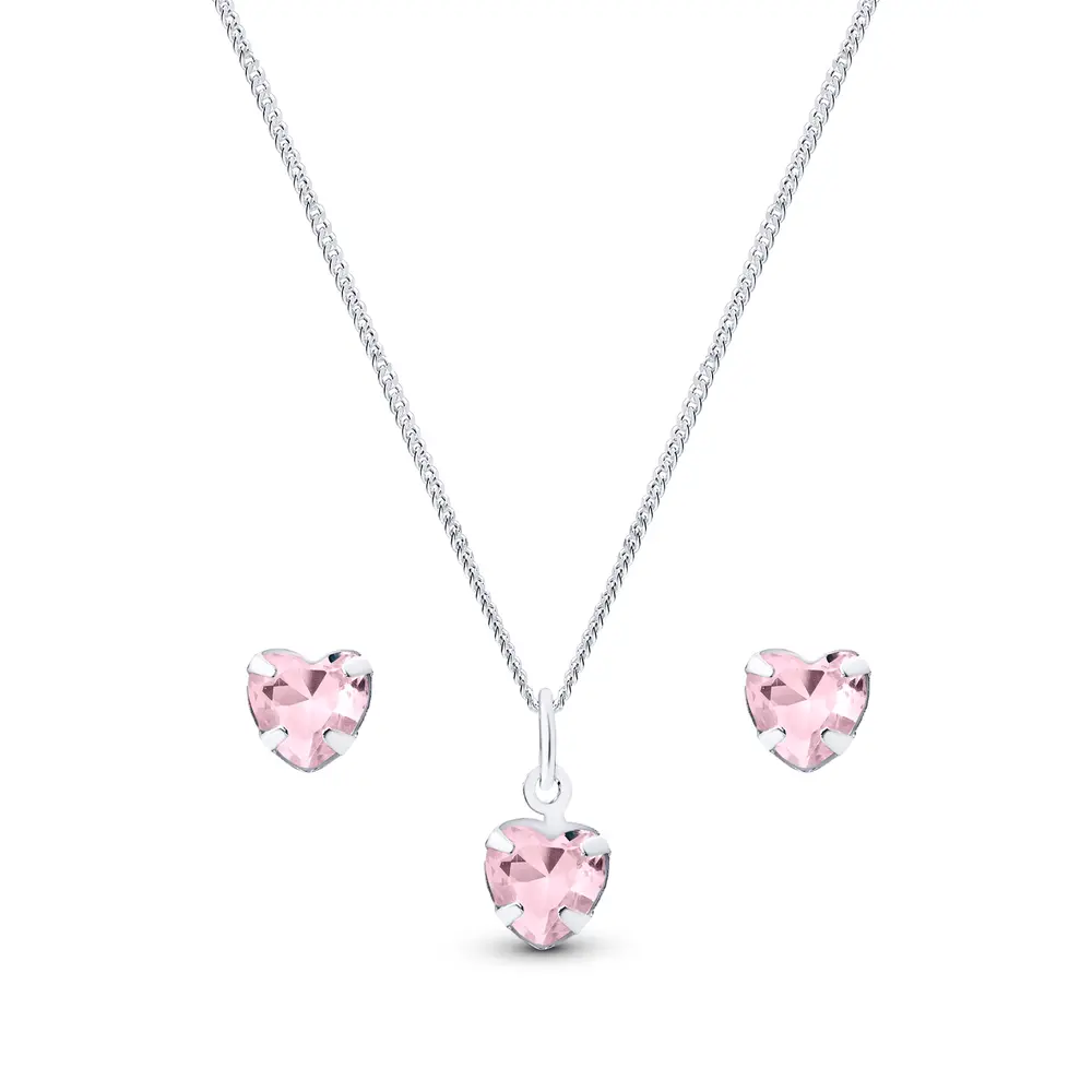 Conjunto Prata Coração Zircônia Pequena Rosa