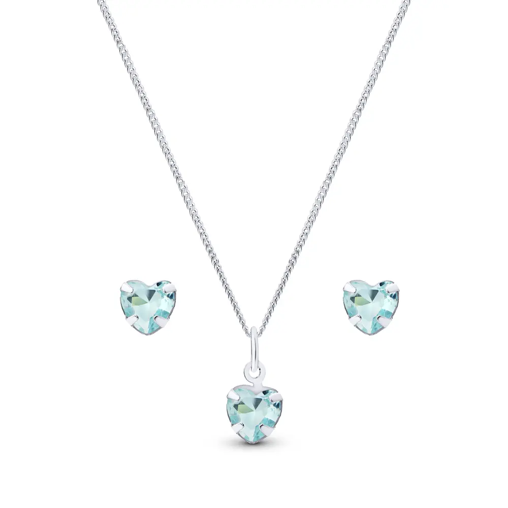 Conjunto Prata Coração Zircônia Pequena Azul Claro