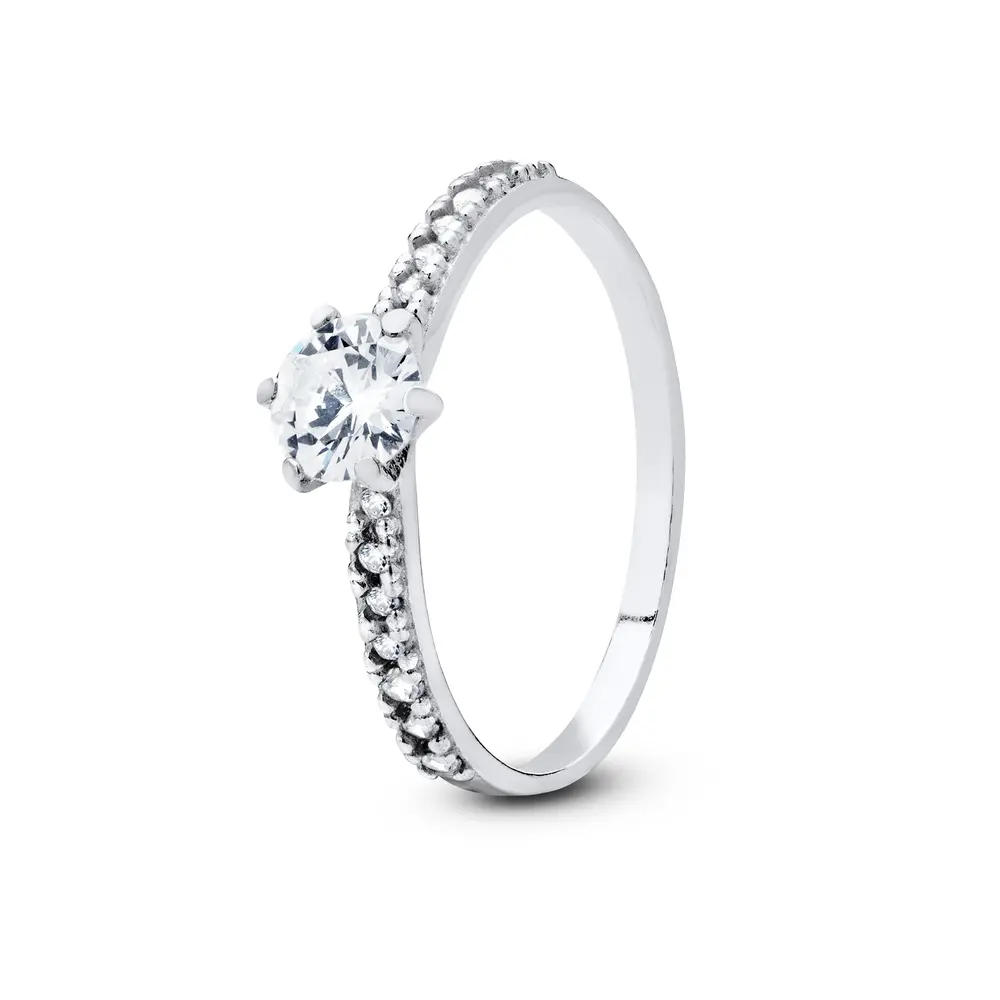 Anel Prata Solitário Com Zircônias