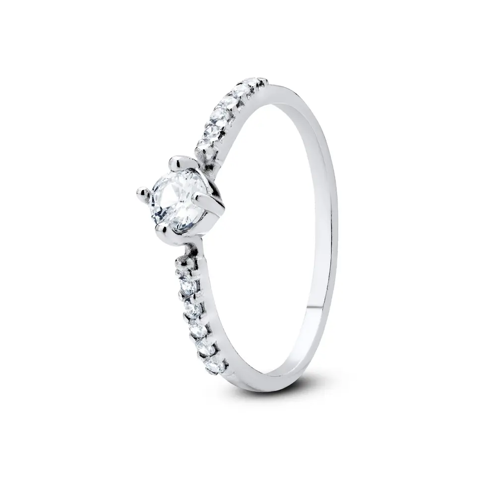 Anel Prata Solitário Com Zircônias