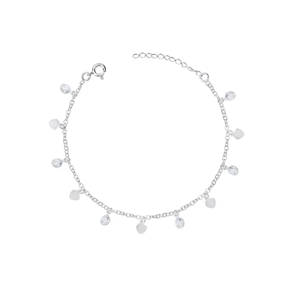 Pulseira Prata Corações Lisos e Bolinhas com Zircônias