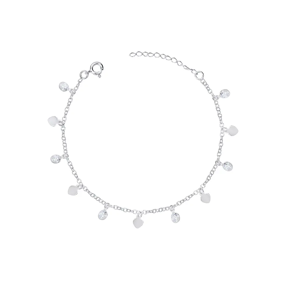 Pulseira Prata Corações Lisos e Bolinhas com Zircônias