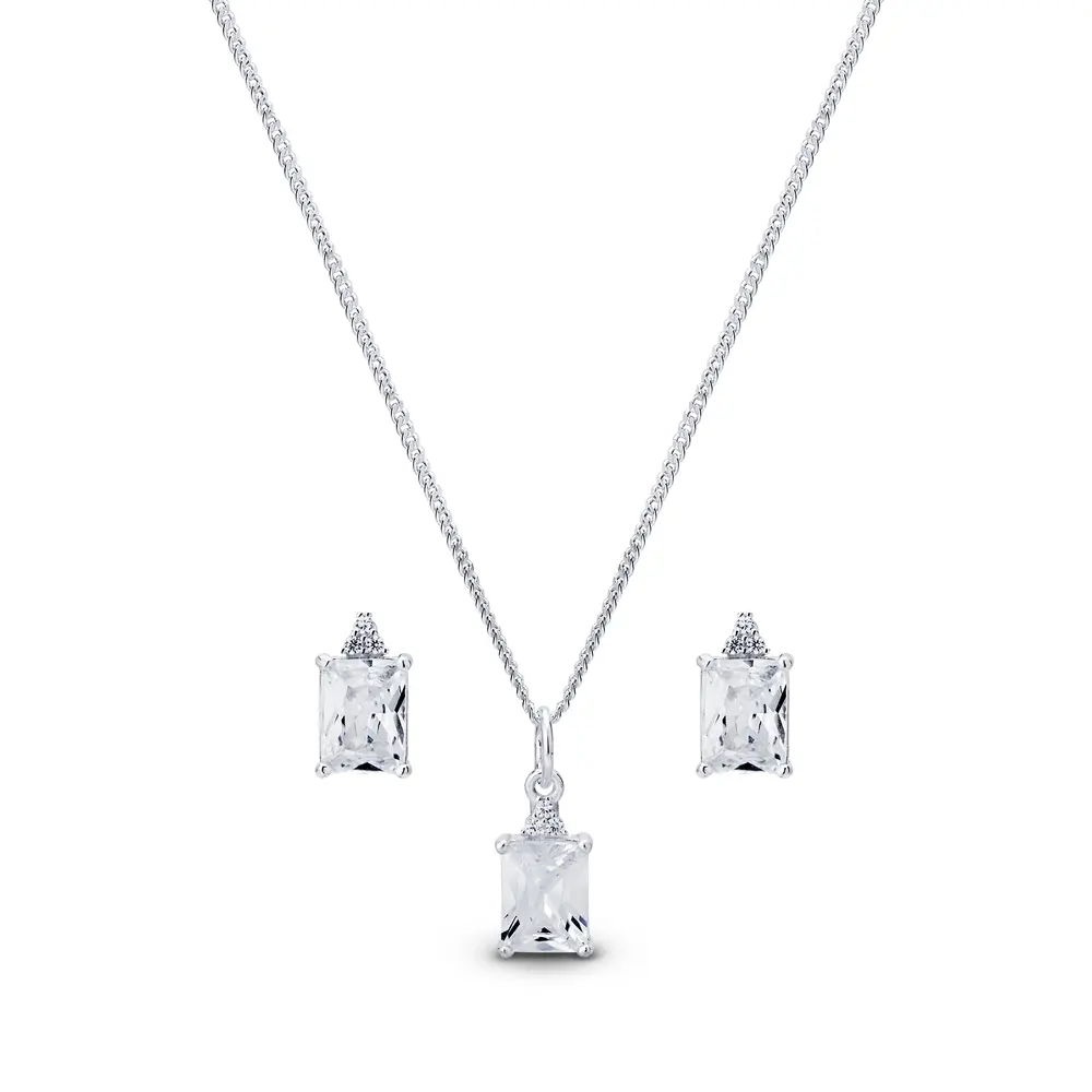 Conjunto Prata Zircônia Retangular